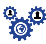 Graphic Icon of gears with people and globe to show logistics