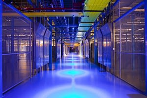 Data Center Hallway with blue lights