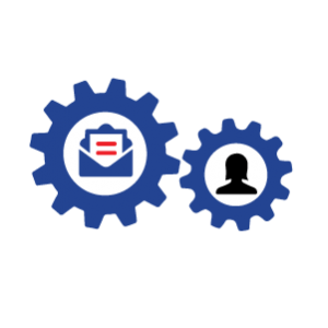 Graphic Icon of gears with a person and envelope inside to represent email